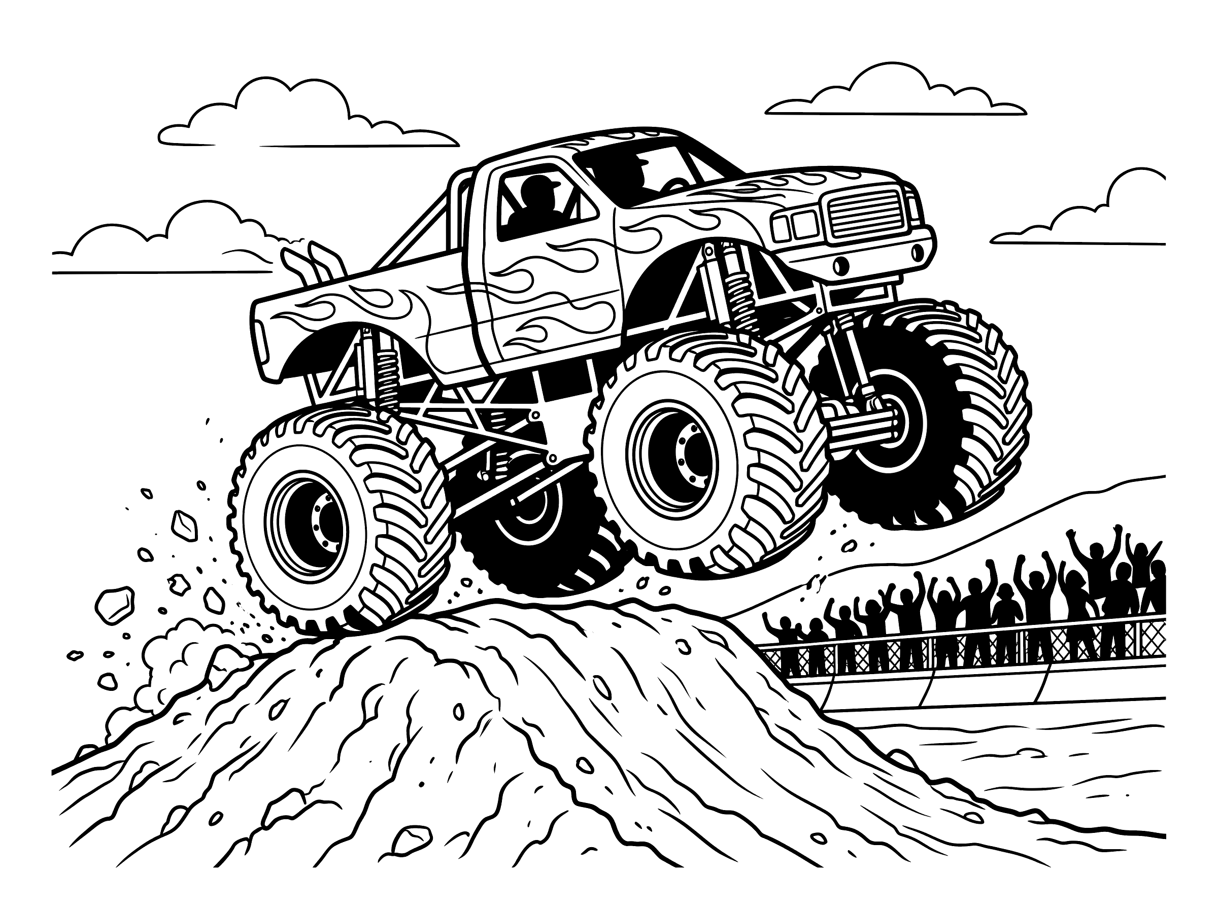 Coloring page of a monster truck with huge knobby tires and flame decorations soaring over a dirt mound with a cheering crowd in the background