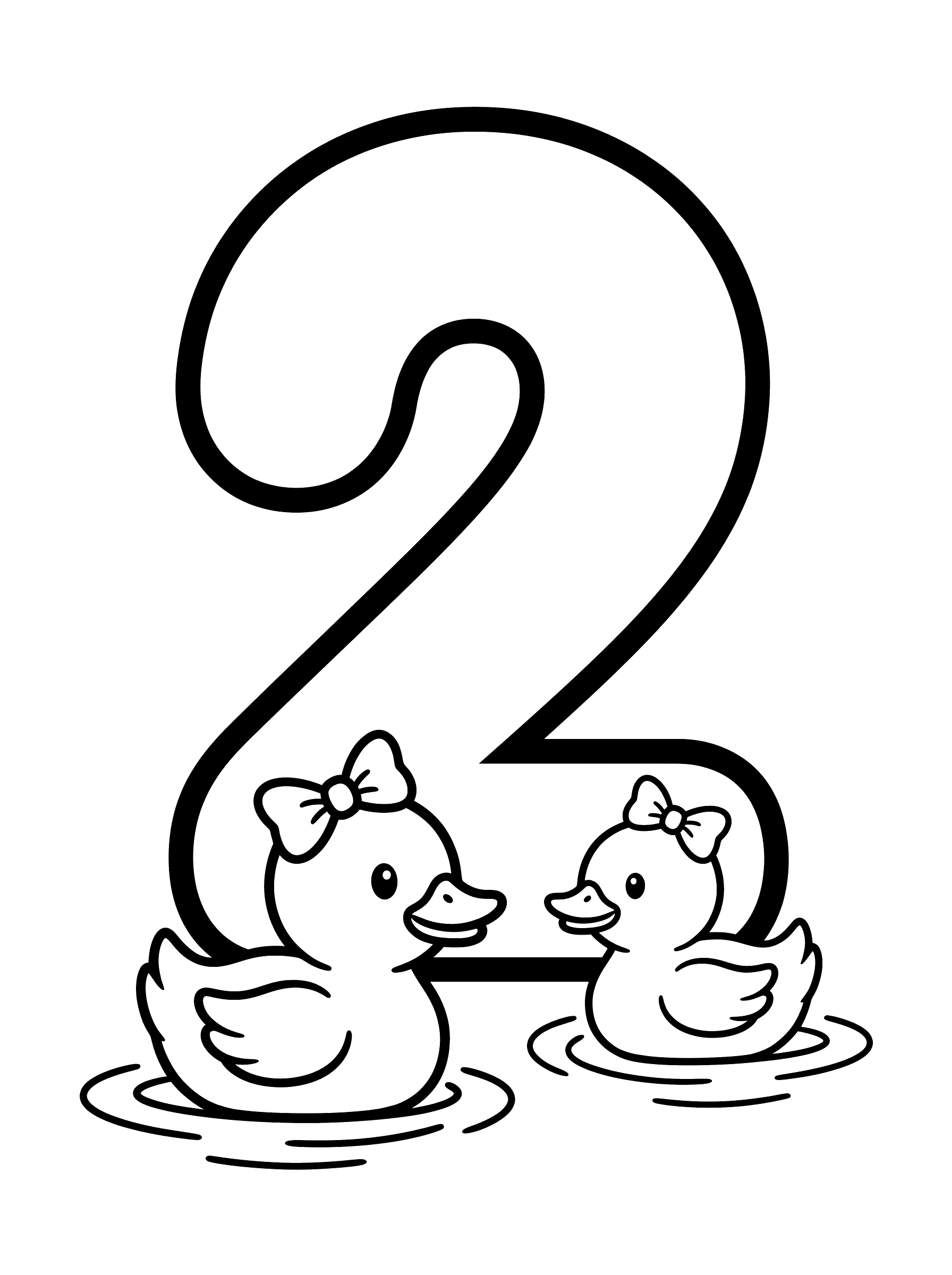 Large bubble number 2 with two cute ducks wearing bows swimming at the base of the number