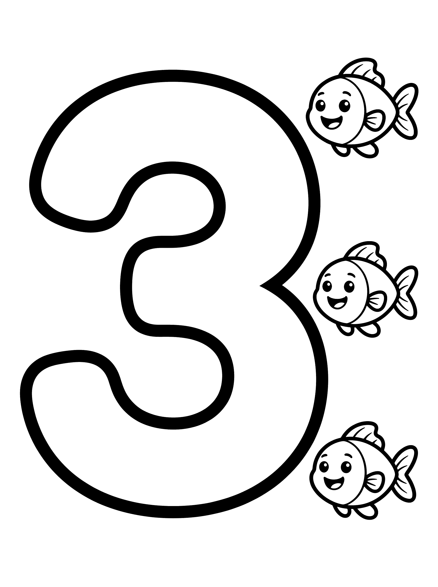 Large bubble number 3 with three cute round smiling fish with fins and tails arranged beside it