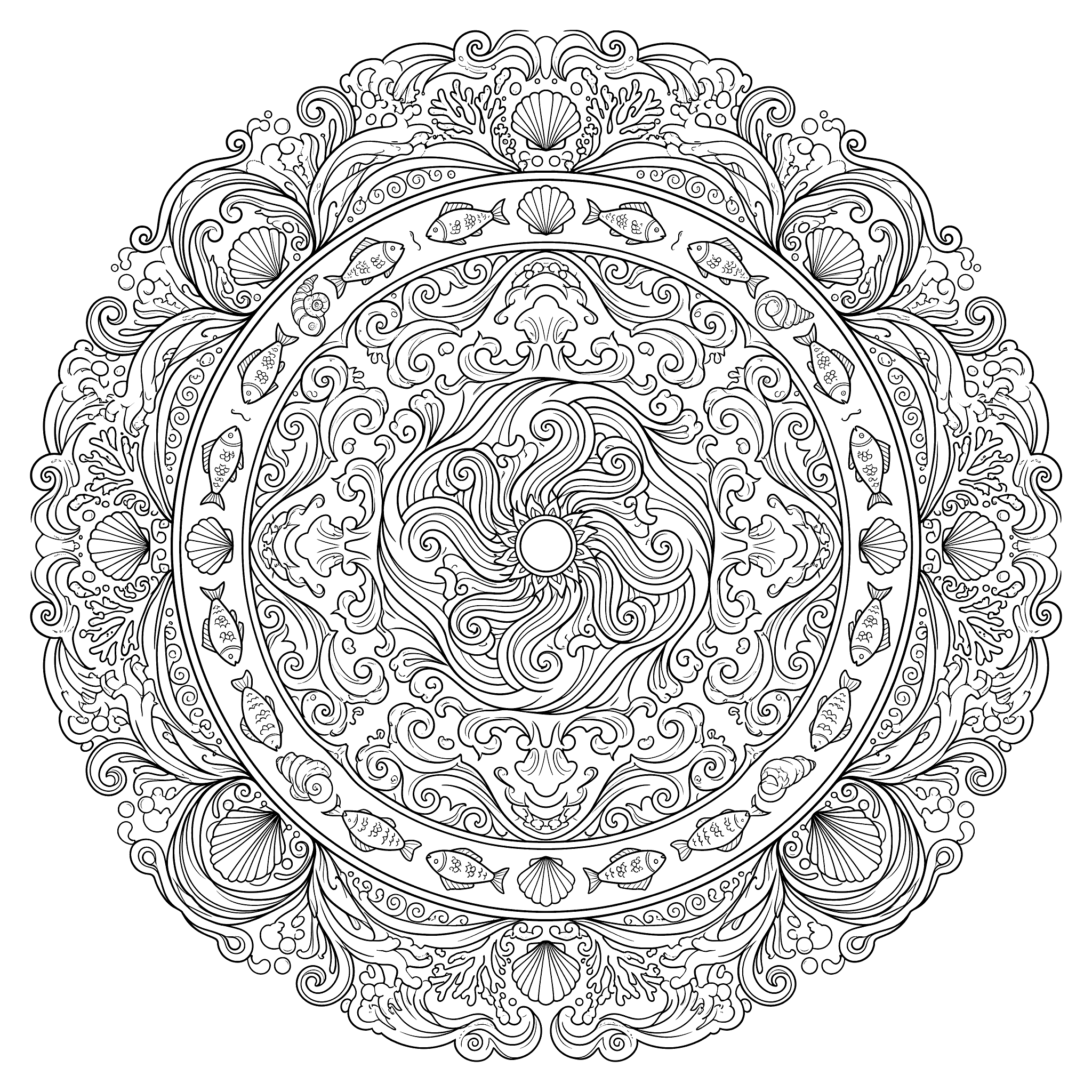 Circular ocean mandala with spiraling waves at center, rings of small fish and shells, coral and seafoam scrollwork filling the outer border