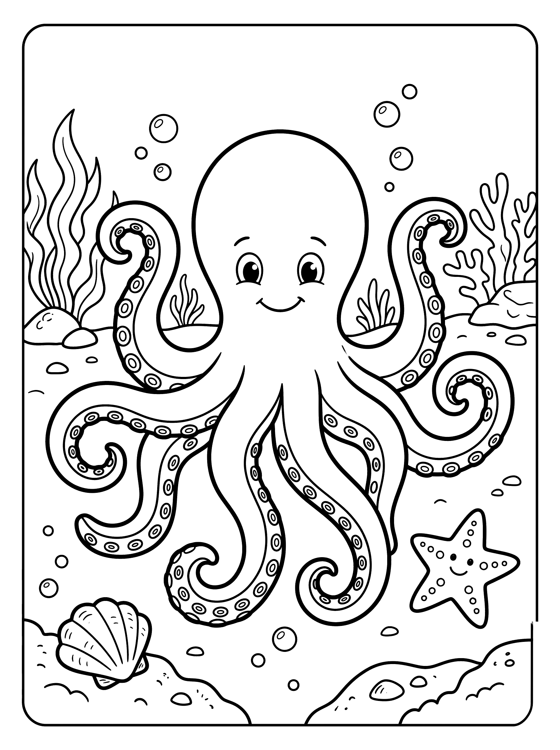 Coloring page of a smiling octopus with eight curling tentacles covered in sucker circles on the sea floor, a clamshell and a starfish nearby with seaweed in the background
