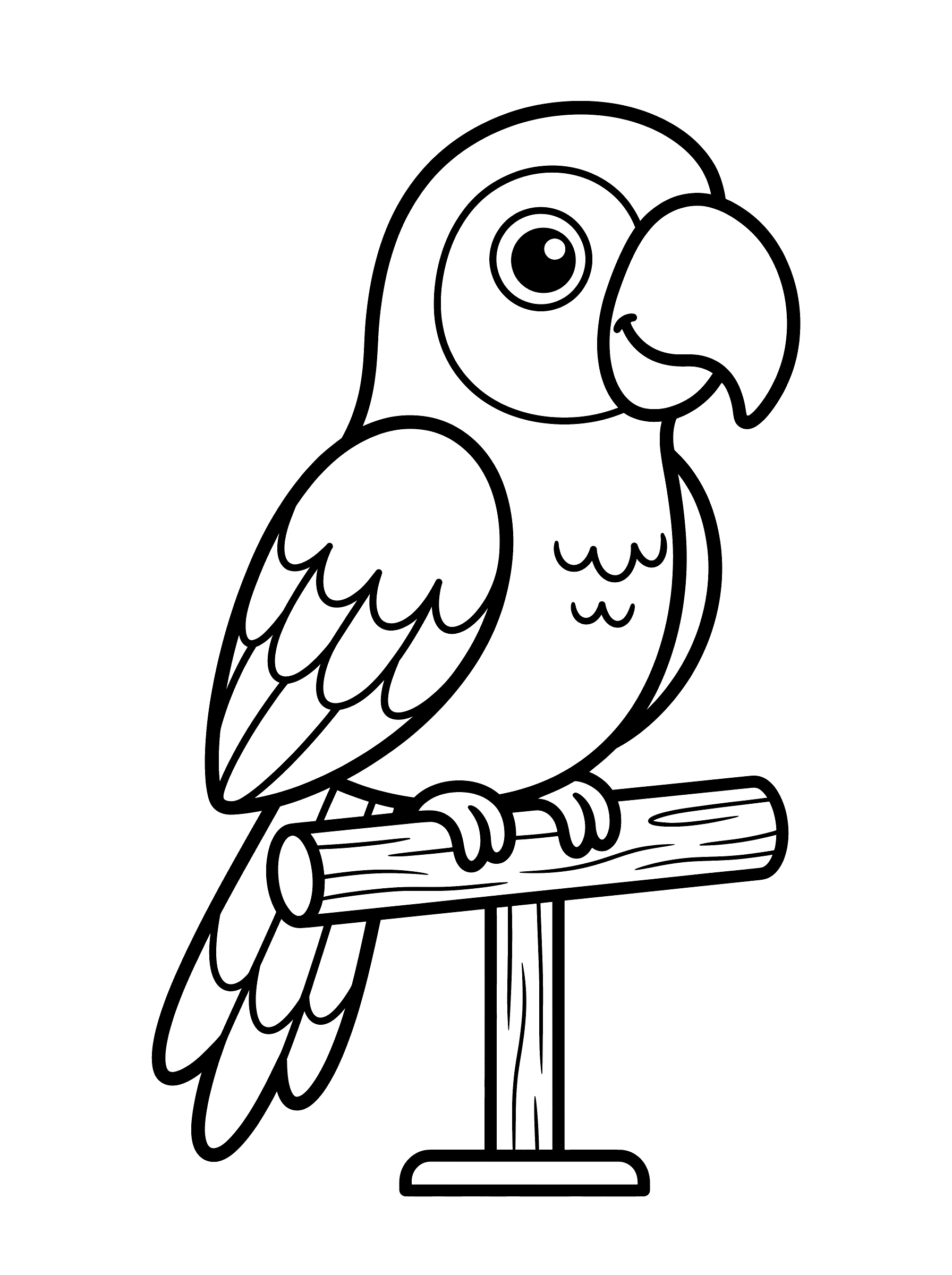 Coloring page of a large parrot with layered wing feathers and a curved beak perched on a wooden stand with a base