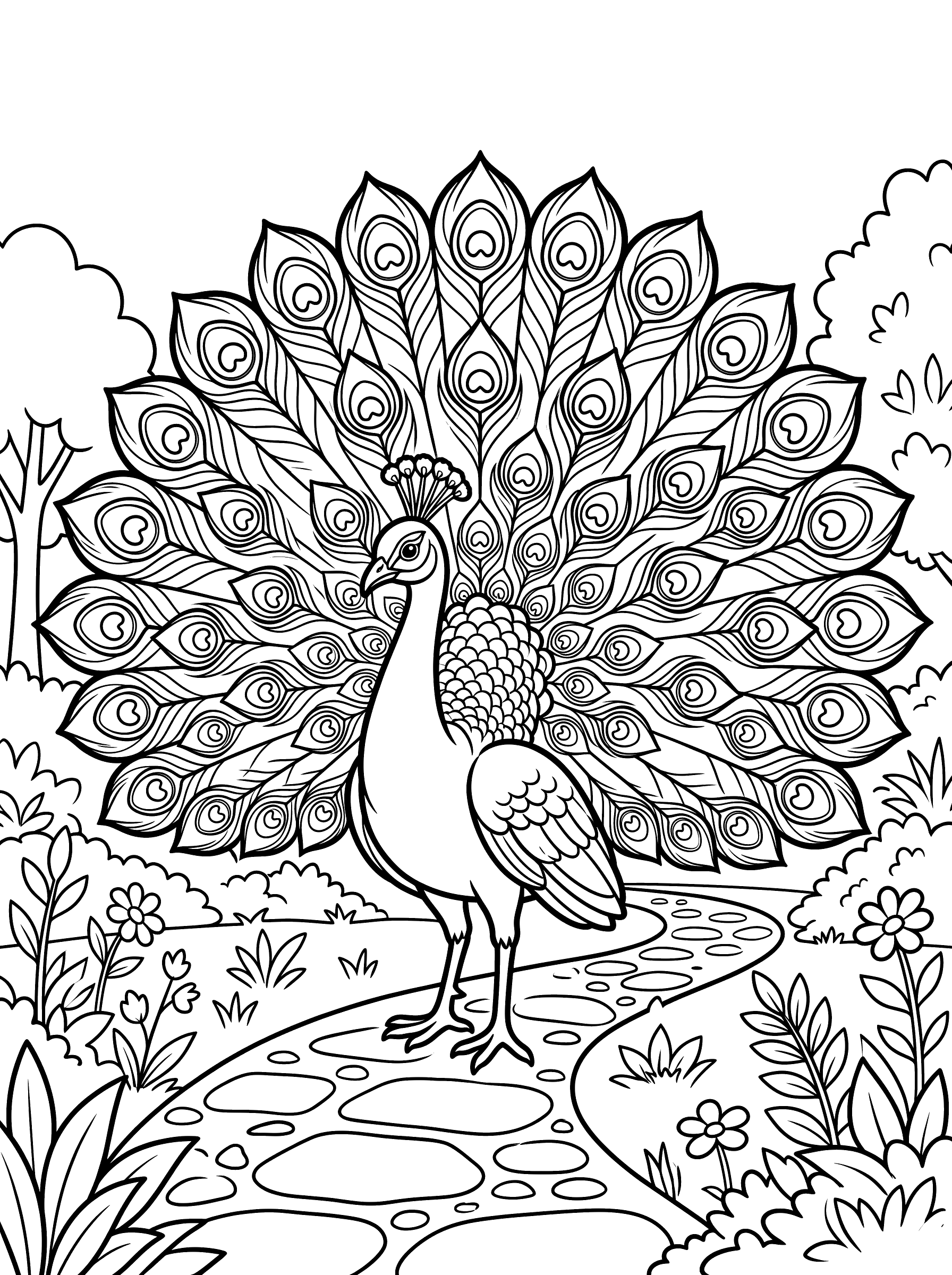 Coloring page of a peacock standing on a garden path with its magnificent tail feathers fanned out in a full display, each long feather showing a detailed eye pattern, with trees and flowers in the background
