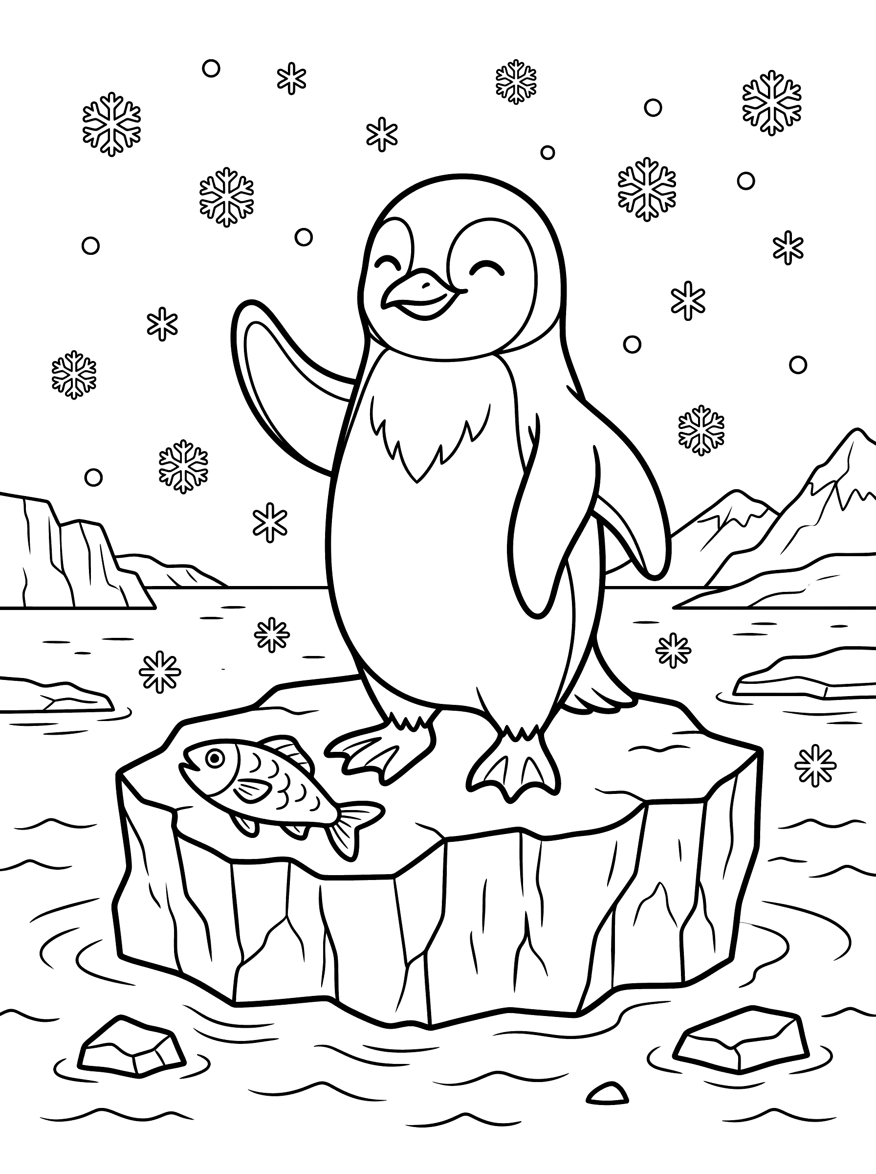 Coloring page of a cute smiling penguin waving on an iceberg with a fish beside it and snowflakes falling