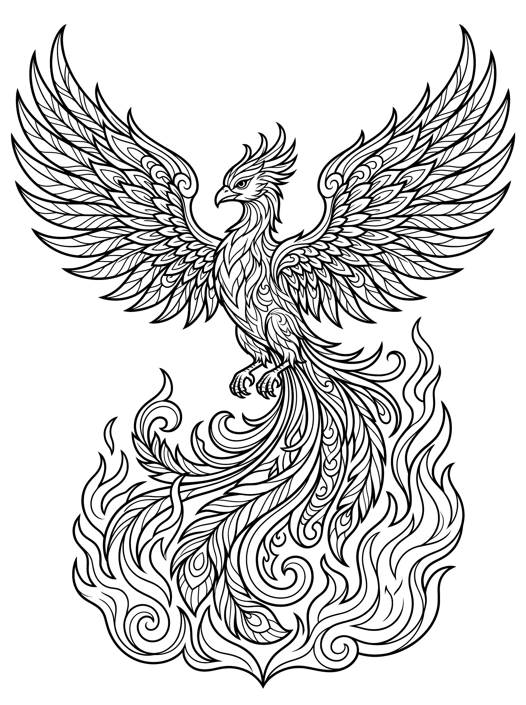 Coloring page of a majestic phoenix with intricate layered feather patterns, wings spread wide, rising from swirling flames and fire below, long flowing tail feathers curling in the blaze