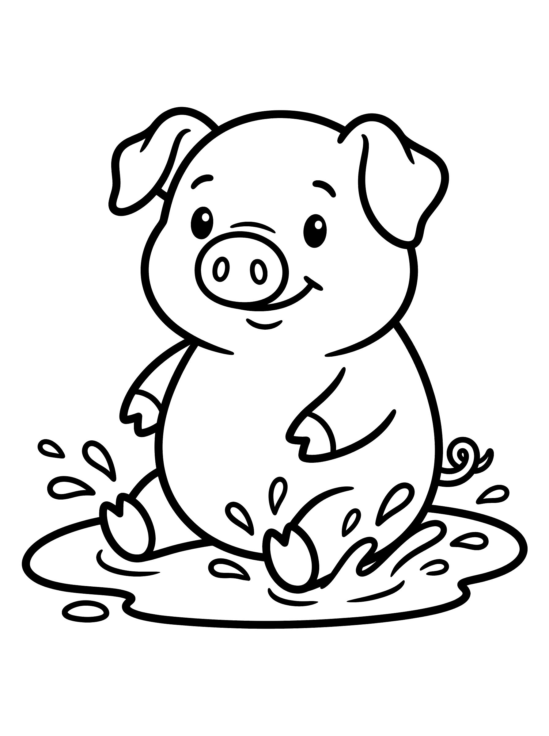 Coloring page of a round smiling pig sitting in a mud puddle with a curly tail and stubby legs, water splashing around it