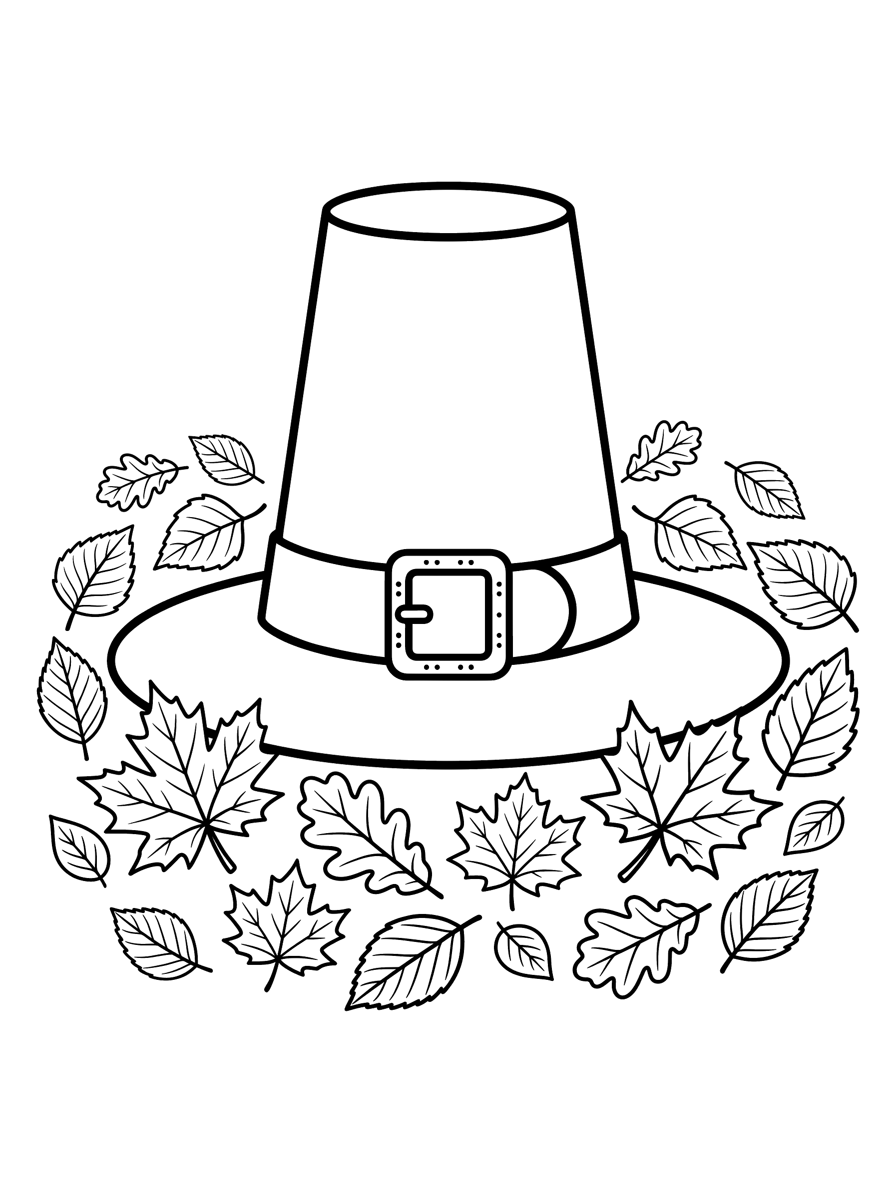 A tall black pilgrim hat with a square buckle and band centered on the page, surrounded by a ring of autumn maple, oak, and birch leaves of different shapes
