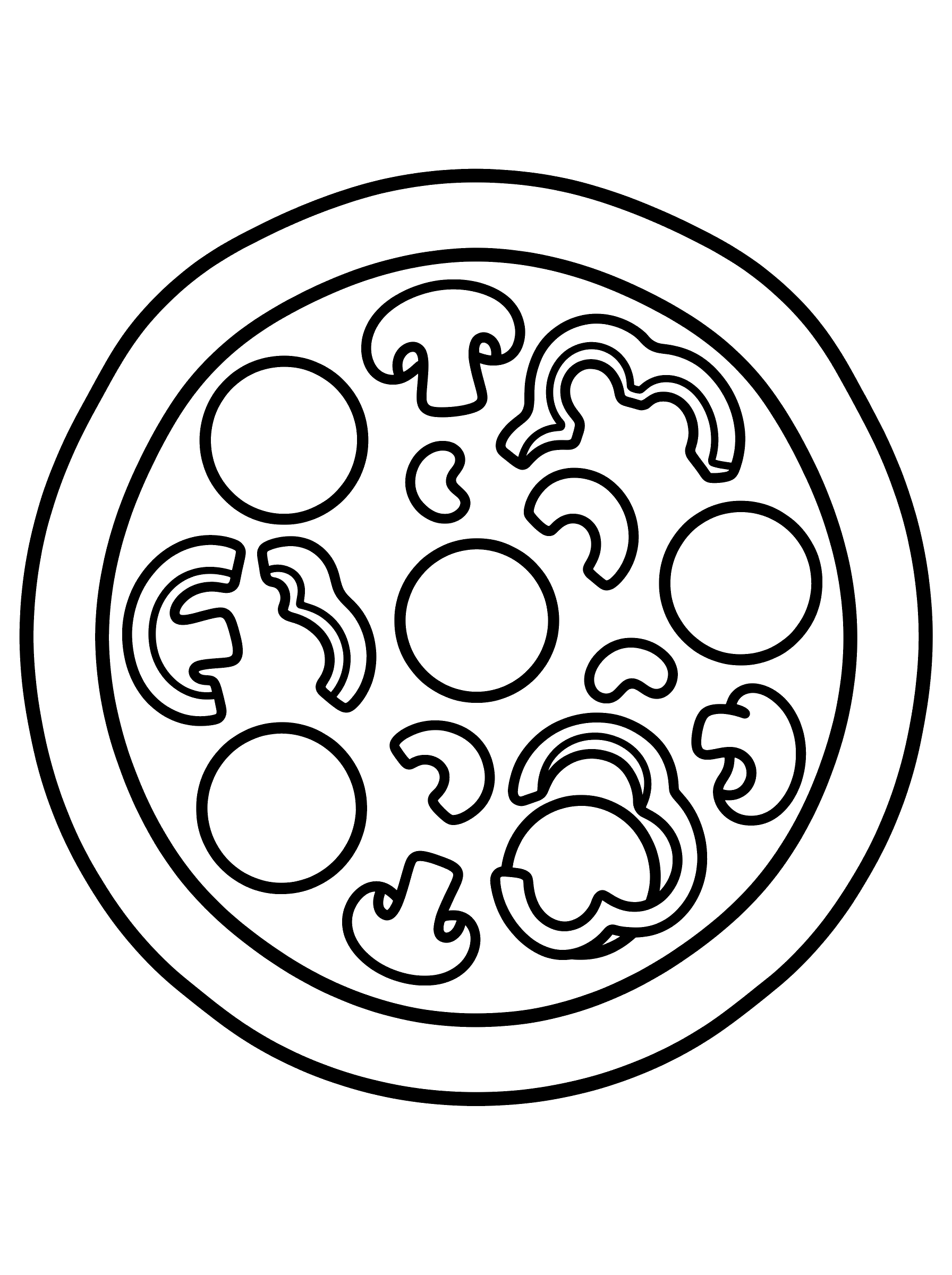 Simple round pizza coloring page with mushrooms, bell pepper slices, and pepperoni circles on a thick crust