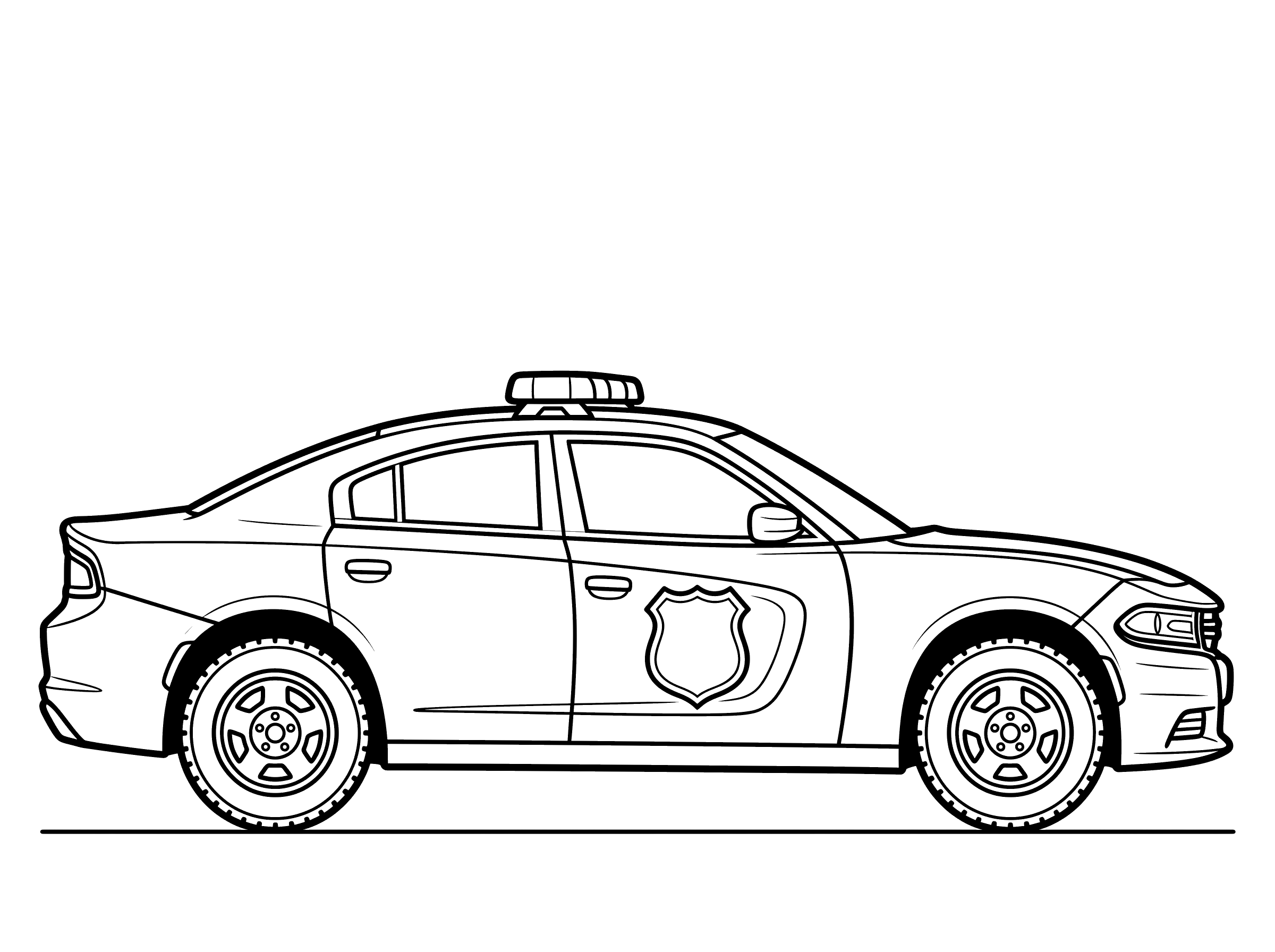 Coloring page of a sleek police patrol car with a light bar on the roof and a shield badge shape on the door, seen from the side