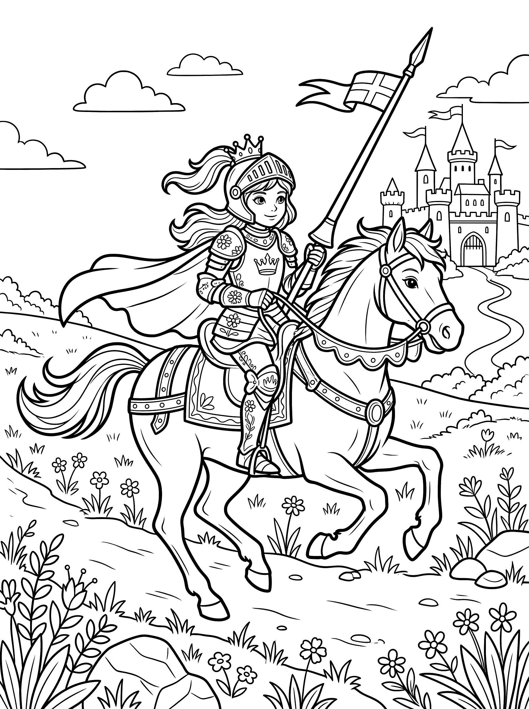 Coloring page of a princess in ornate armor and a crown riding a cantering horse along a meadow path, carrying a long lance with a banner, a castle visible in the distance