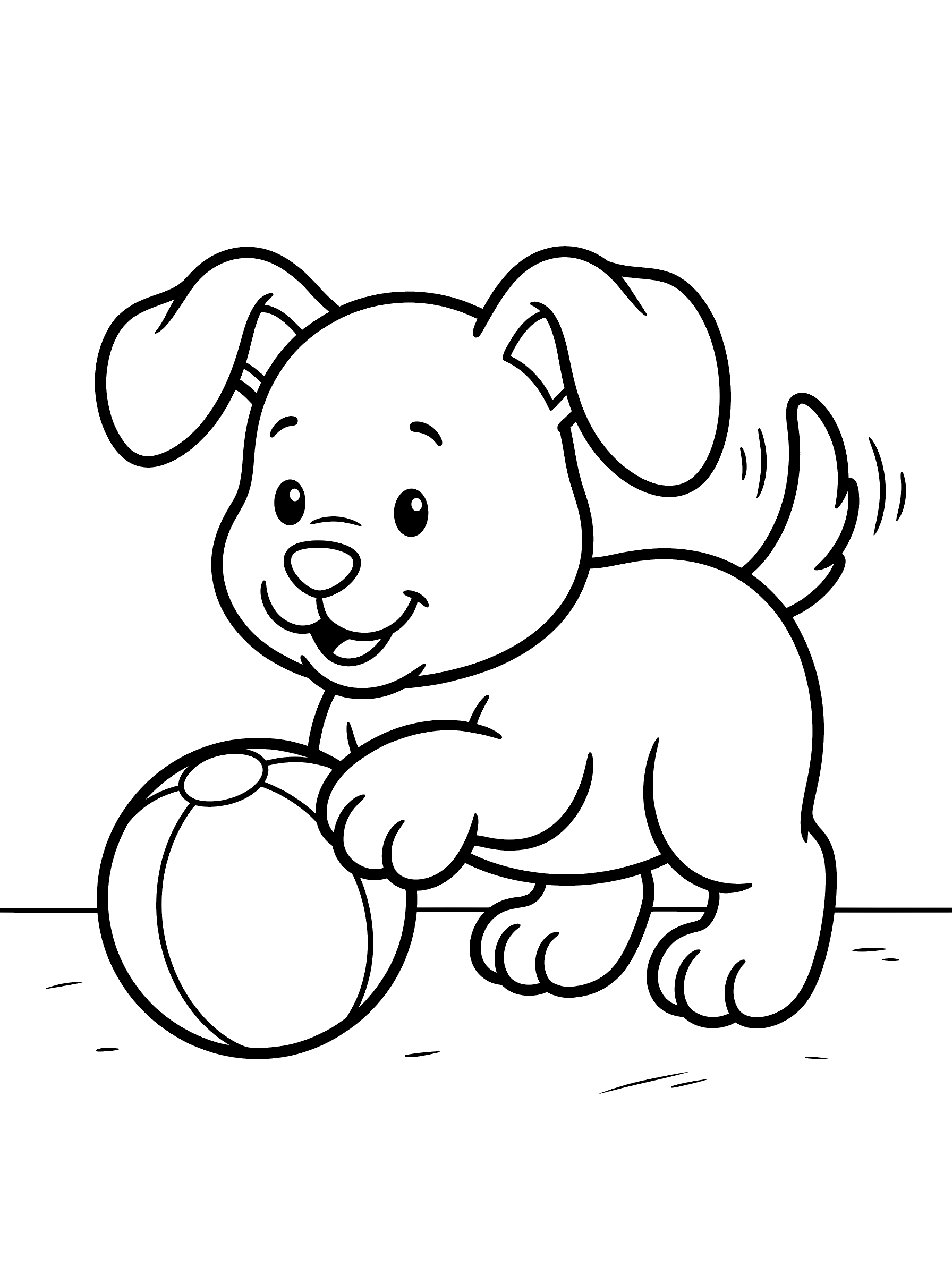 Coloring page of a chubby smiling puppy with floppy ears placing one paw on a round ball, tail wagging with motion lines