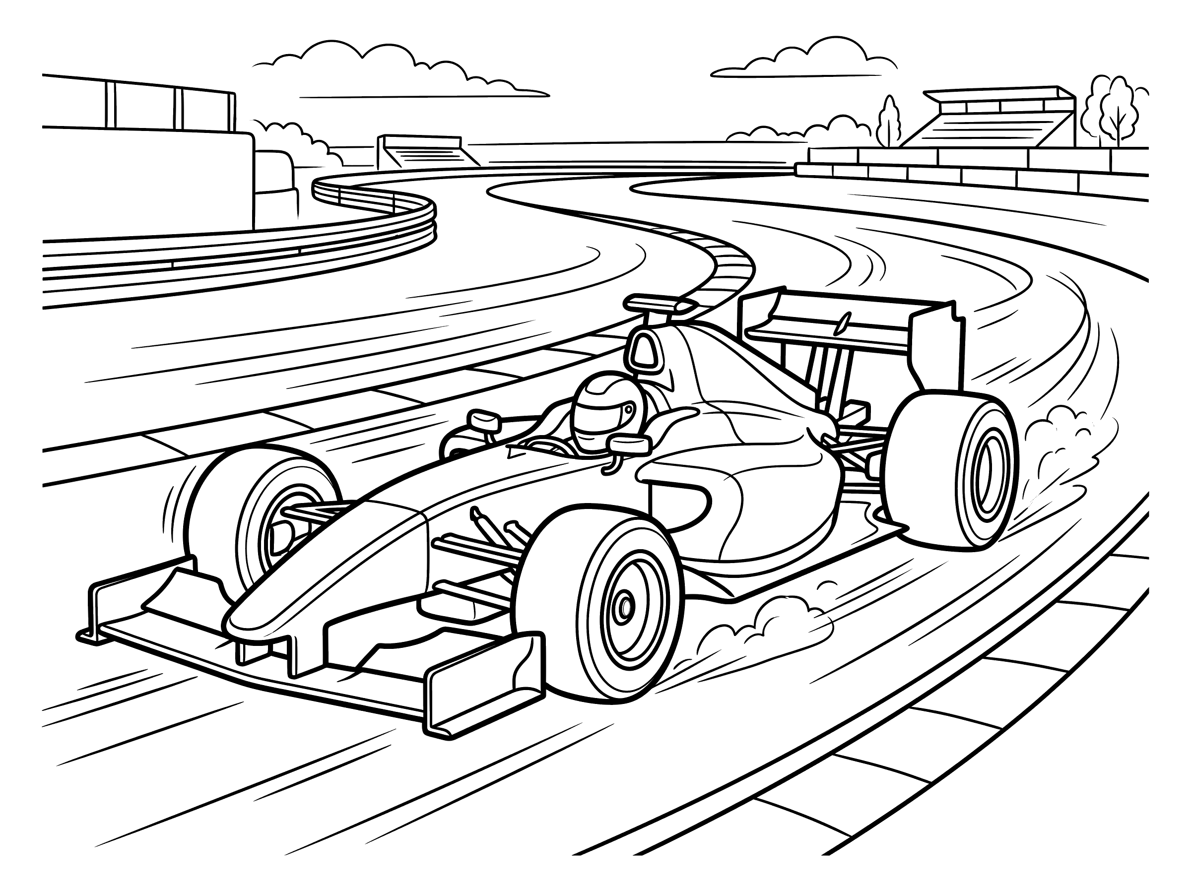 Coloring page of a formula-style race car with a rear spoiler and open cockpit zooming around a curved race track with motion lines and grandstands in the background