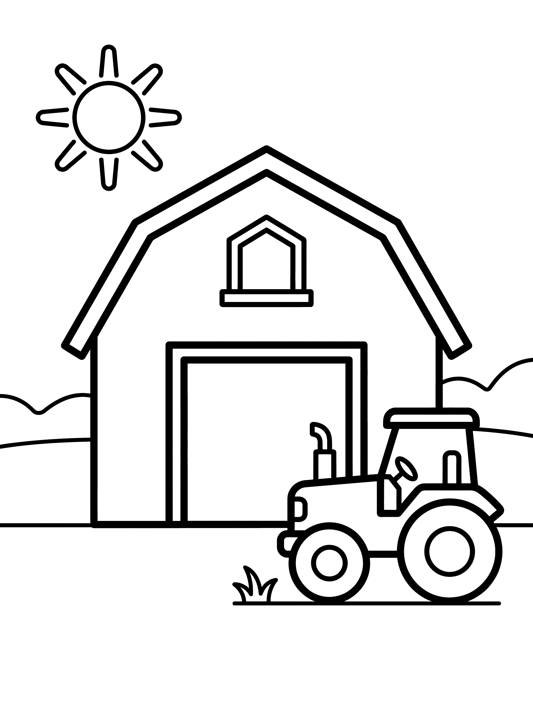 Coloring page of a large barn with a peaked roof and wide open door, a tractor parked beside it and a sun shining in the corner of the sky