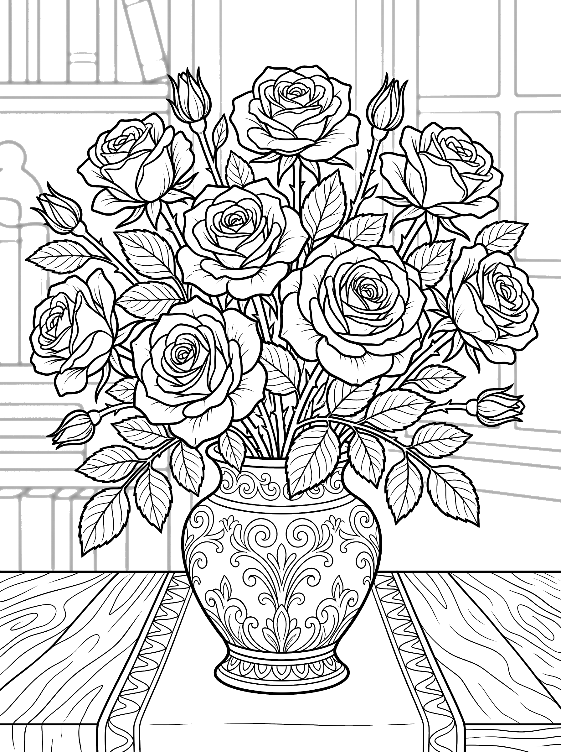 Coloring page of an elaborate bouquet of roses with buds and leaves in an ornate decorative vase sitting on a wooden table