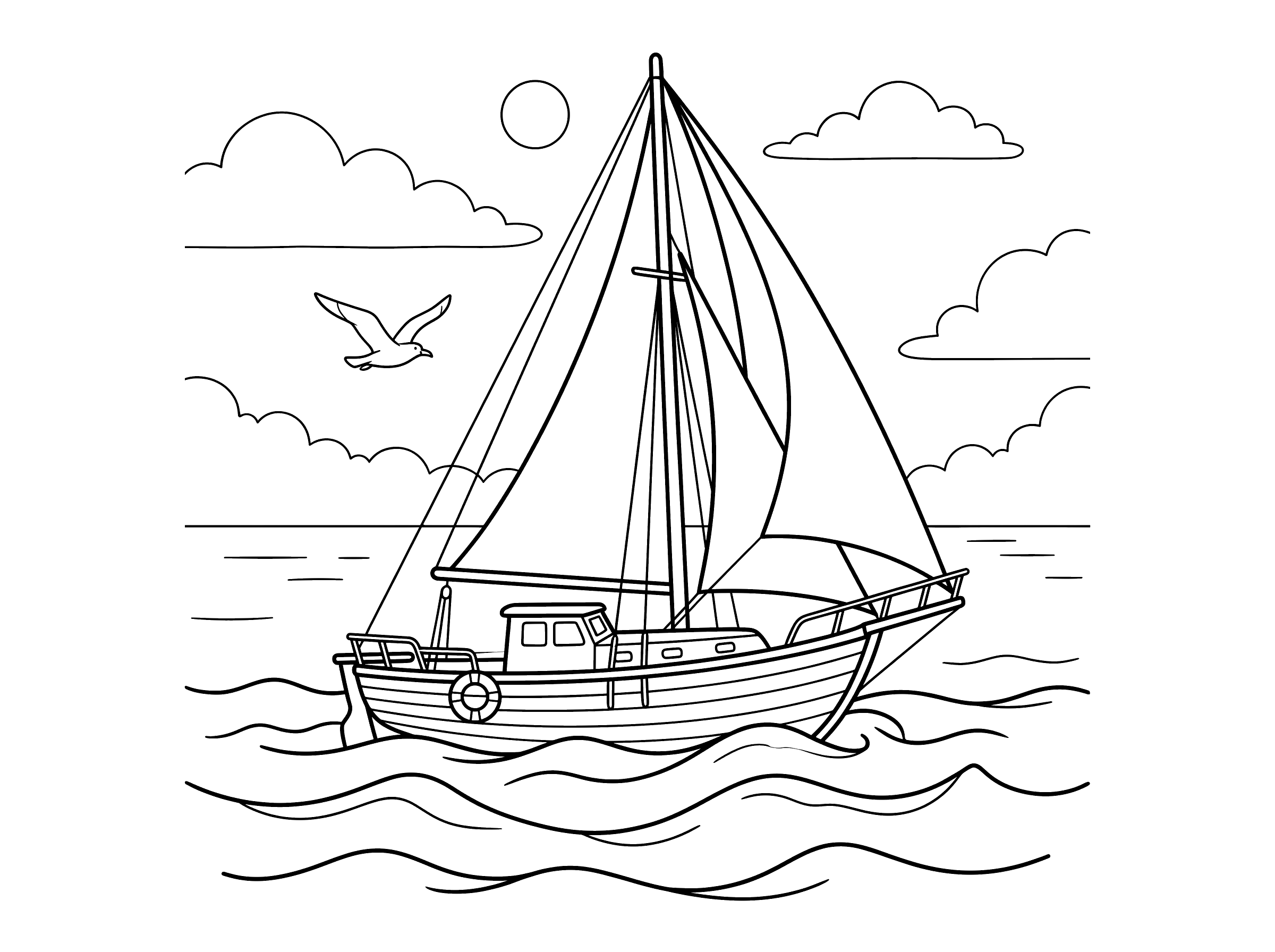 Coloring page of a wooden sailboat with a tall mast and large triangular sails riding ocean waves, with a seagull flying nearby, clouds, and a sun in the background