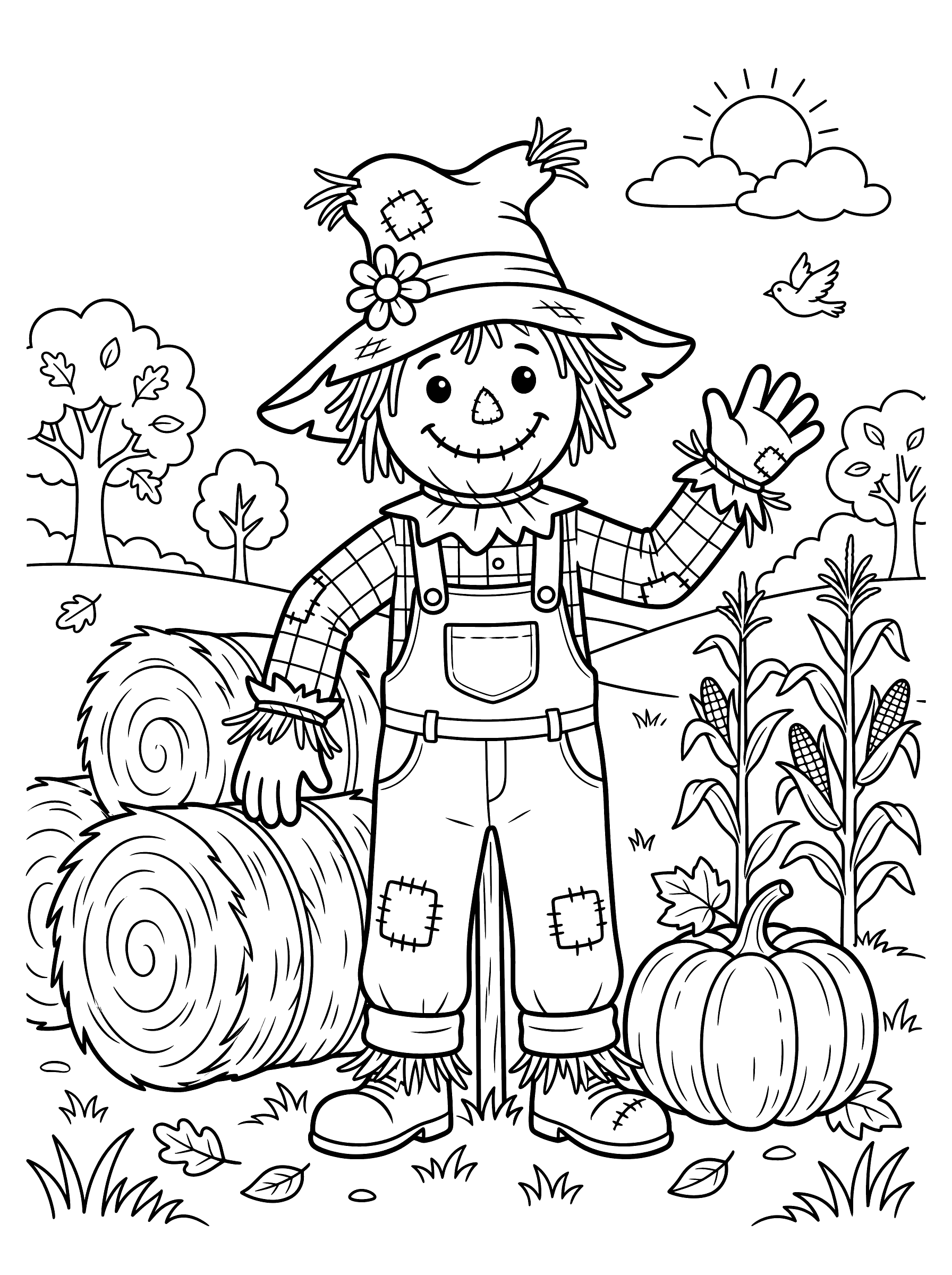 A cheerful scarecrow in a floppy patched hat and overalls standing beside two round hay bales with corn stalks and a pumpkin nearby, sun and clouds in the sky