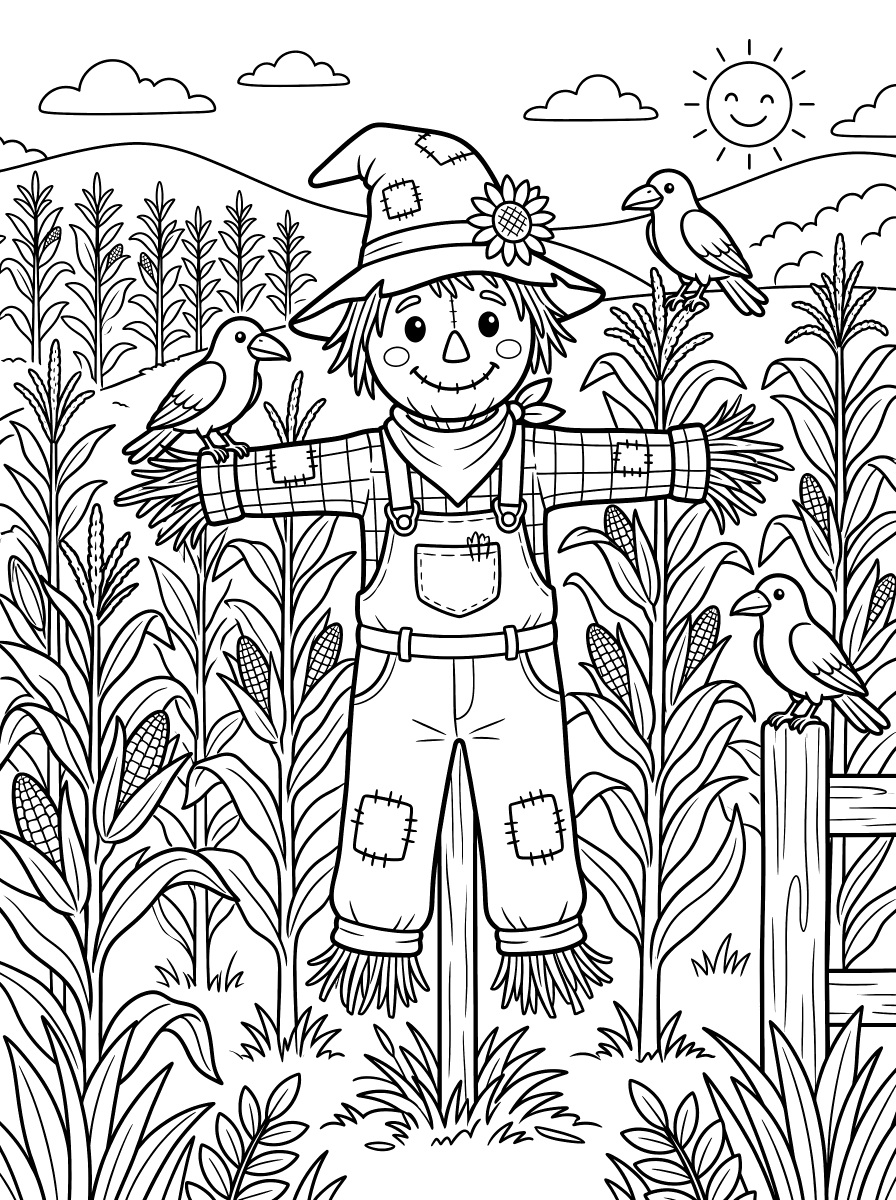 A cheerful scarecrow in a patched floppy hat and overalls standing in a corn field with two crows perched on its outstretched arms and one on a fence post, a smiling sun above