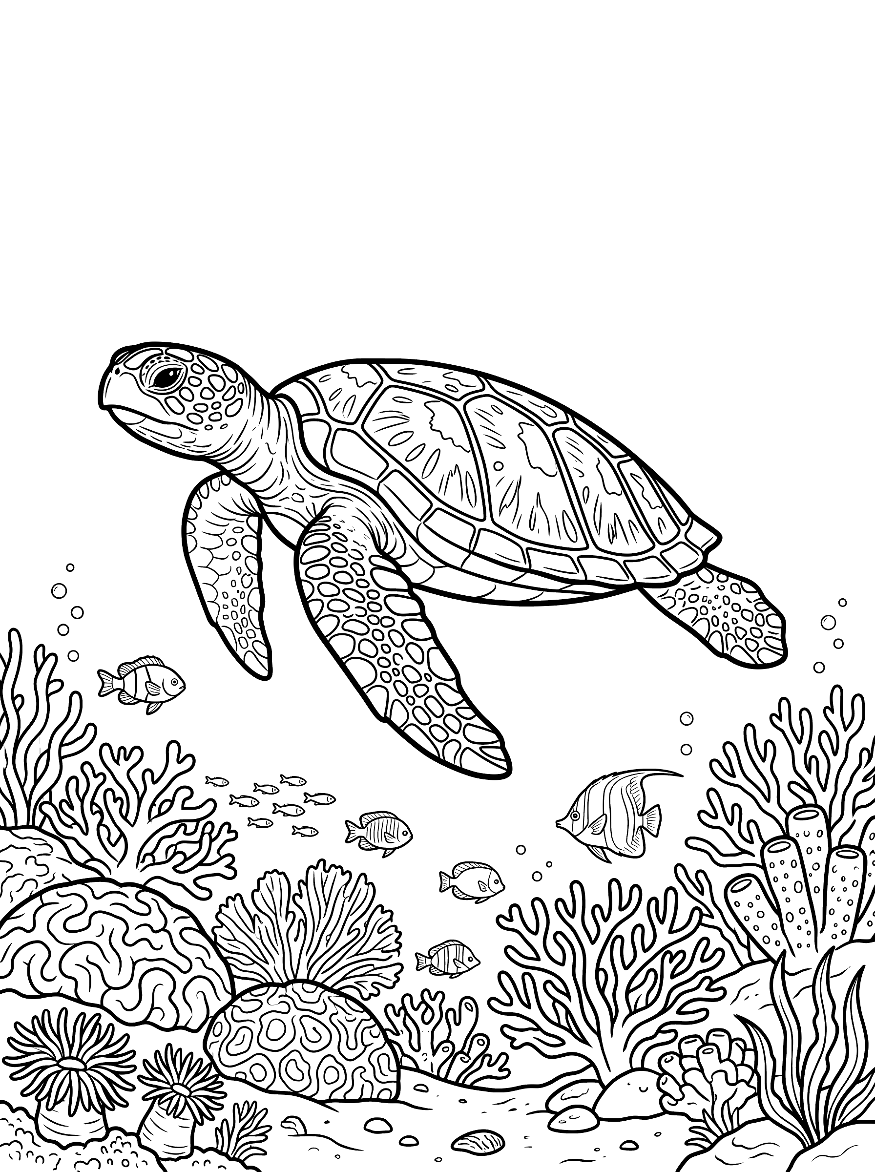 Coloring page of a sea turtle gliding above a colorful coral reef with a patterned shell, flipper-like legs, and many small fish and coral formations below