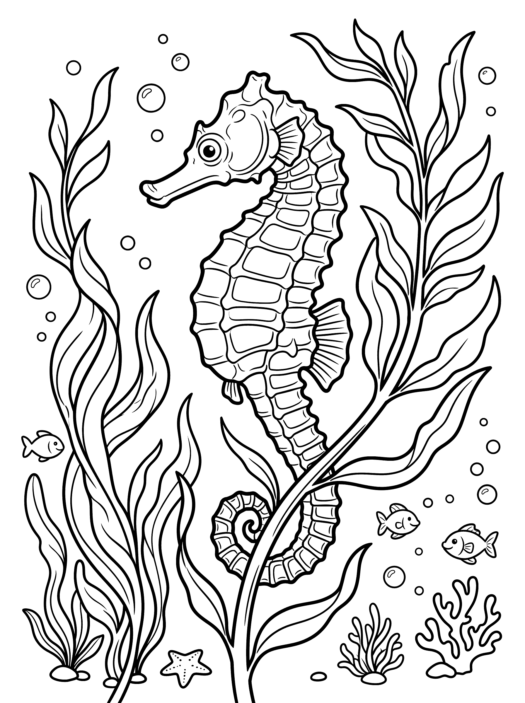 Coloring page of a seahorse floating upright among tall flowing seaweed fronds, its curled tail wrapped around a stem, bony ring segments visible on the body, small fish and a starfish nearby