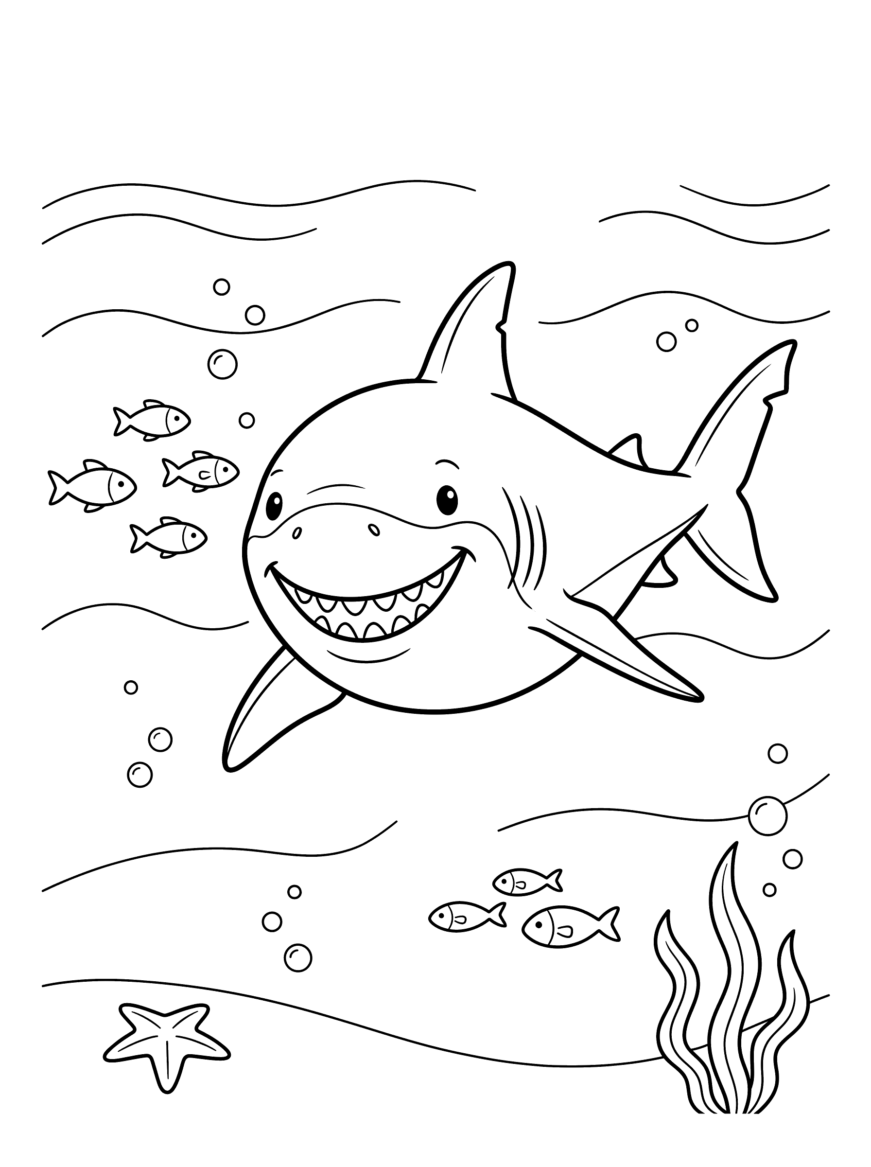 Coloring page of a friendly smiling shark swimming forward with a wide grin and rows of rounded teeth, dorsal fin raised, small fish nearby on the ocean floor with seaweed and a starfish