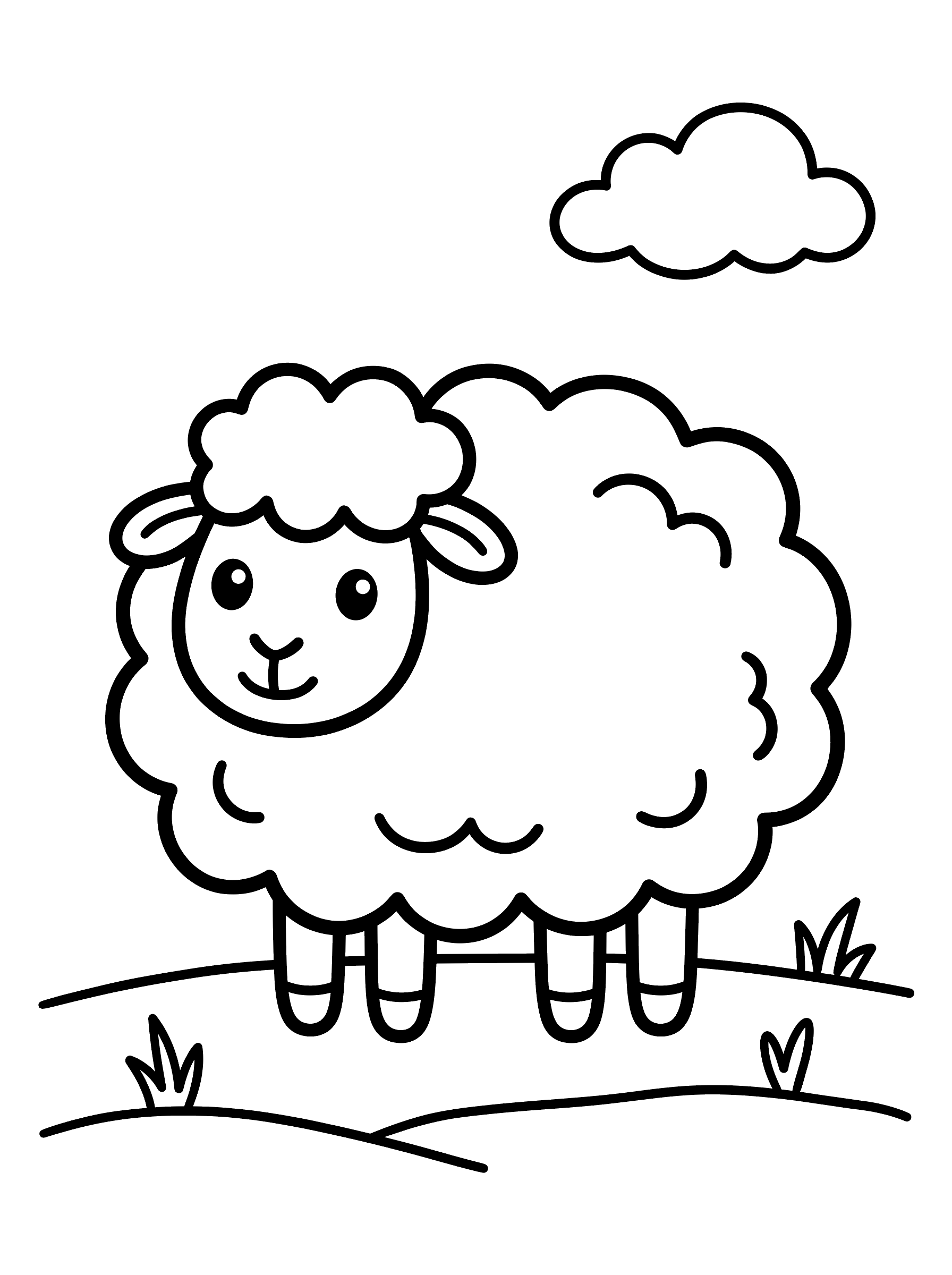 Coloring page of a smiling fluffy sheep with a big round woolly body, small legs, a single cloud above, and grass tufts below