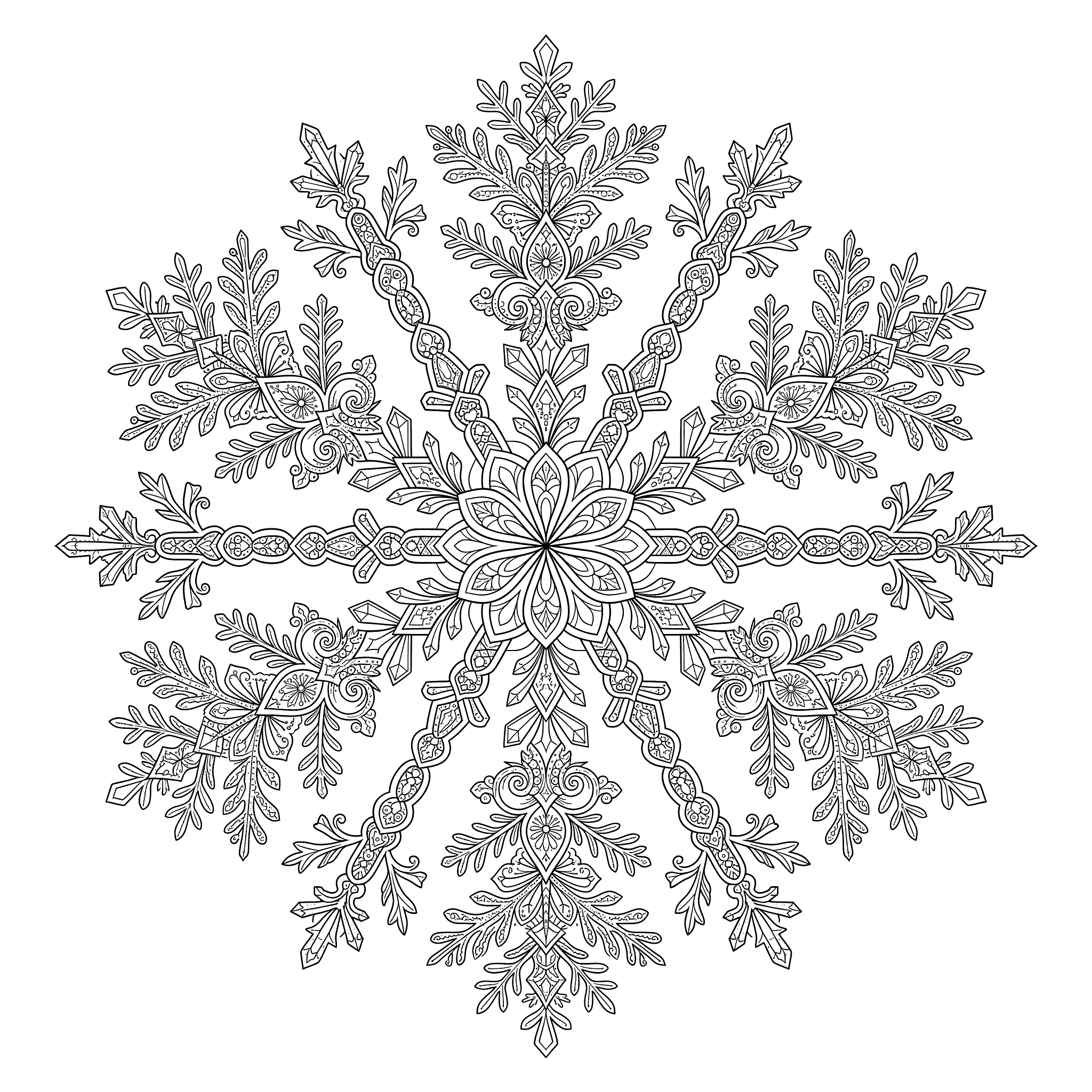 An intricate six-pointed snowflake mandala with branching crystal arms, tiny fern-like sub-branches, scroll ornaments, diamond accents, and a central six-petal flower