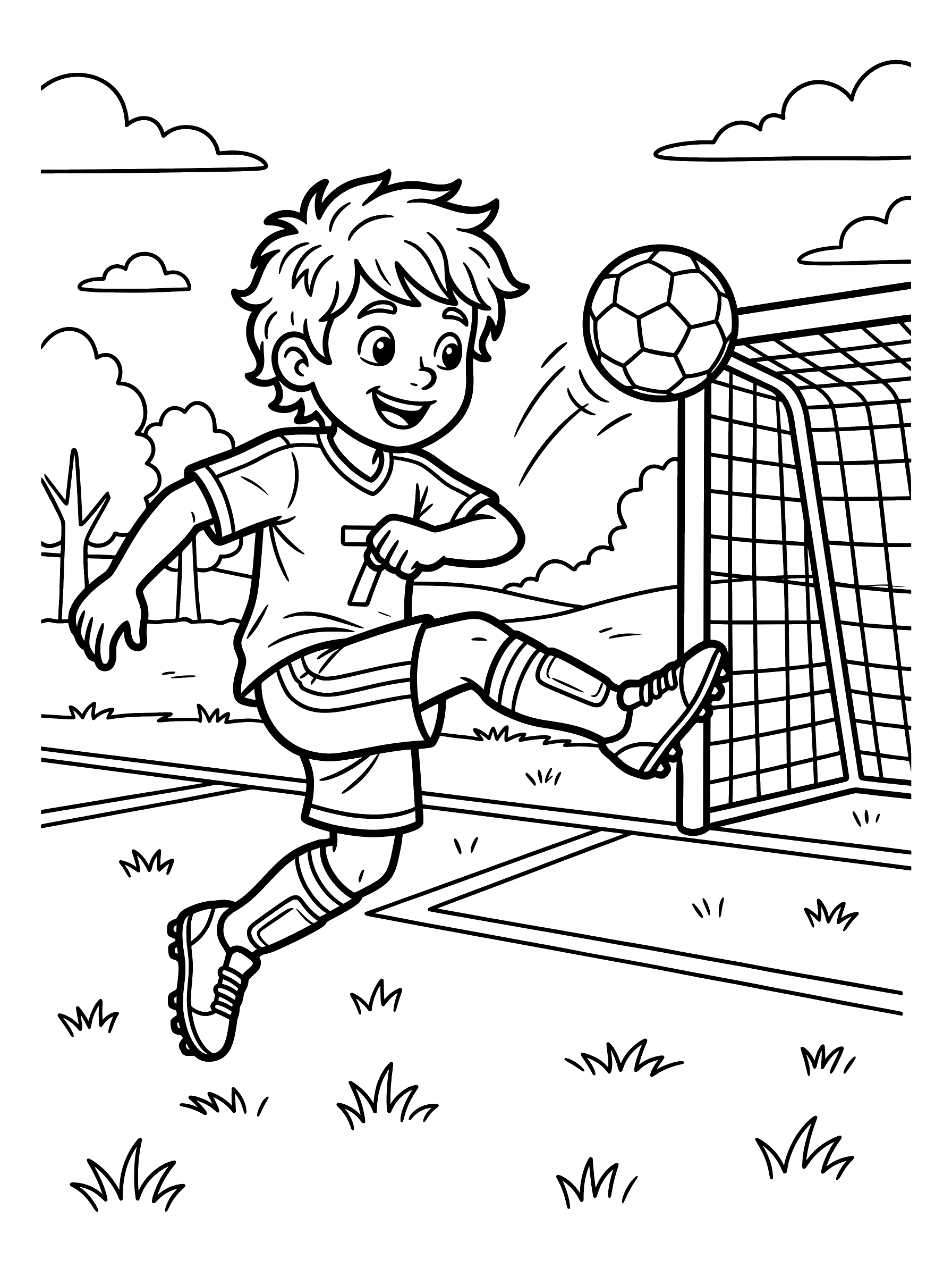 Coloring page of a smiling child in a soccer uniform mid-kick with a soccer ball flying toward a goal post, trees and clouds in the background