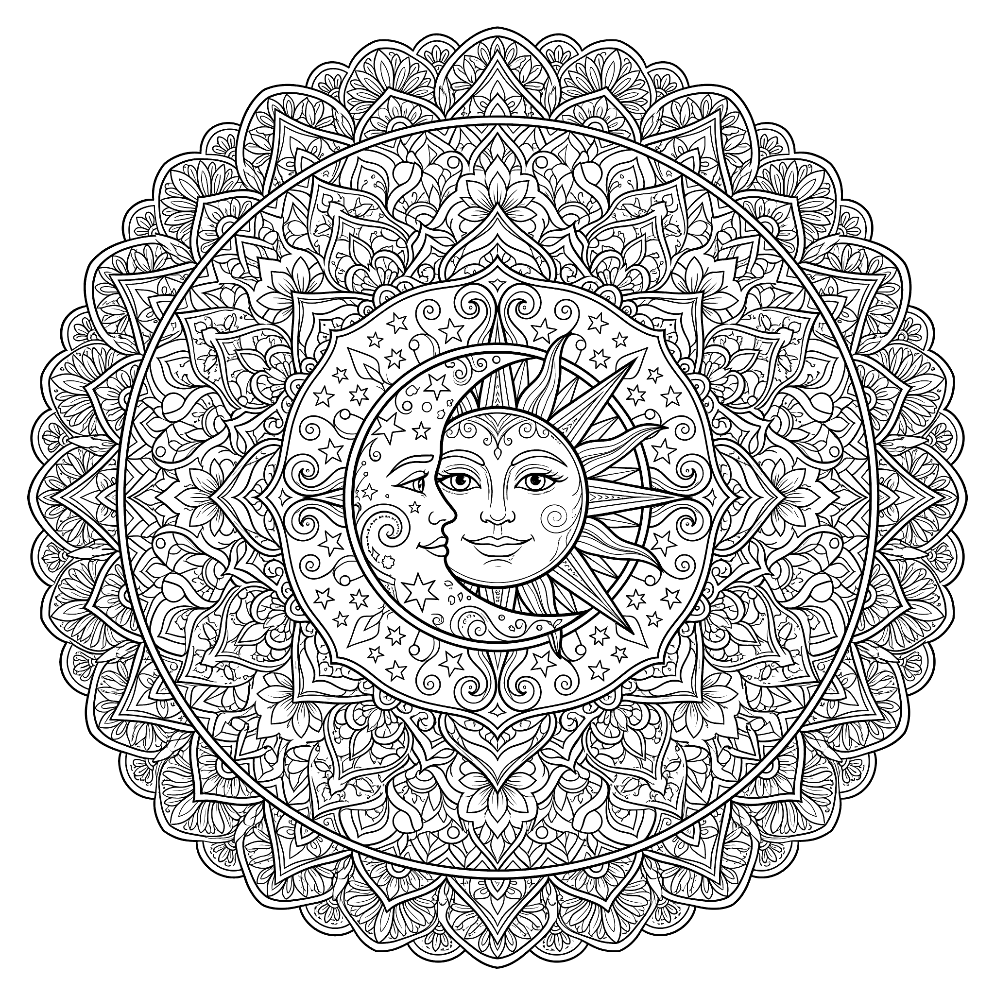 Circular mandala with a sun face and crescent moon overlapping at center, surrounded by stars, and intricate floral and geometric petal rings filling the outer border