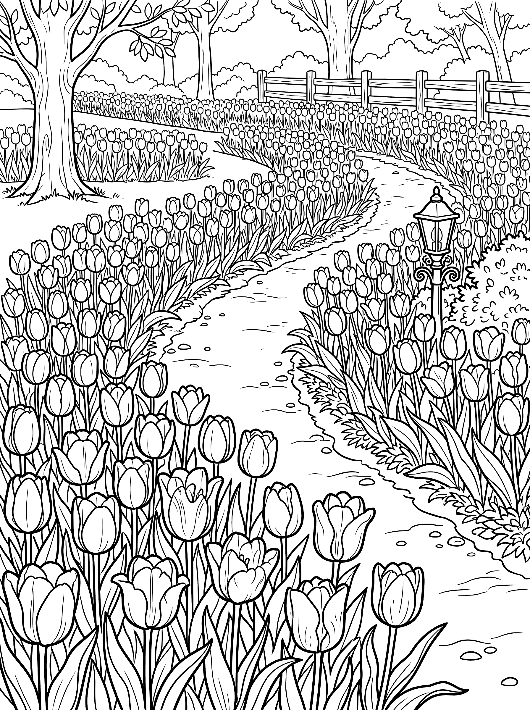 Coloring page of a winding garden path lined with dense rows of tulips, a lamppost, wooden fence, and trees in the background