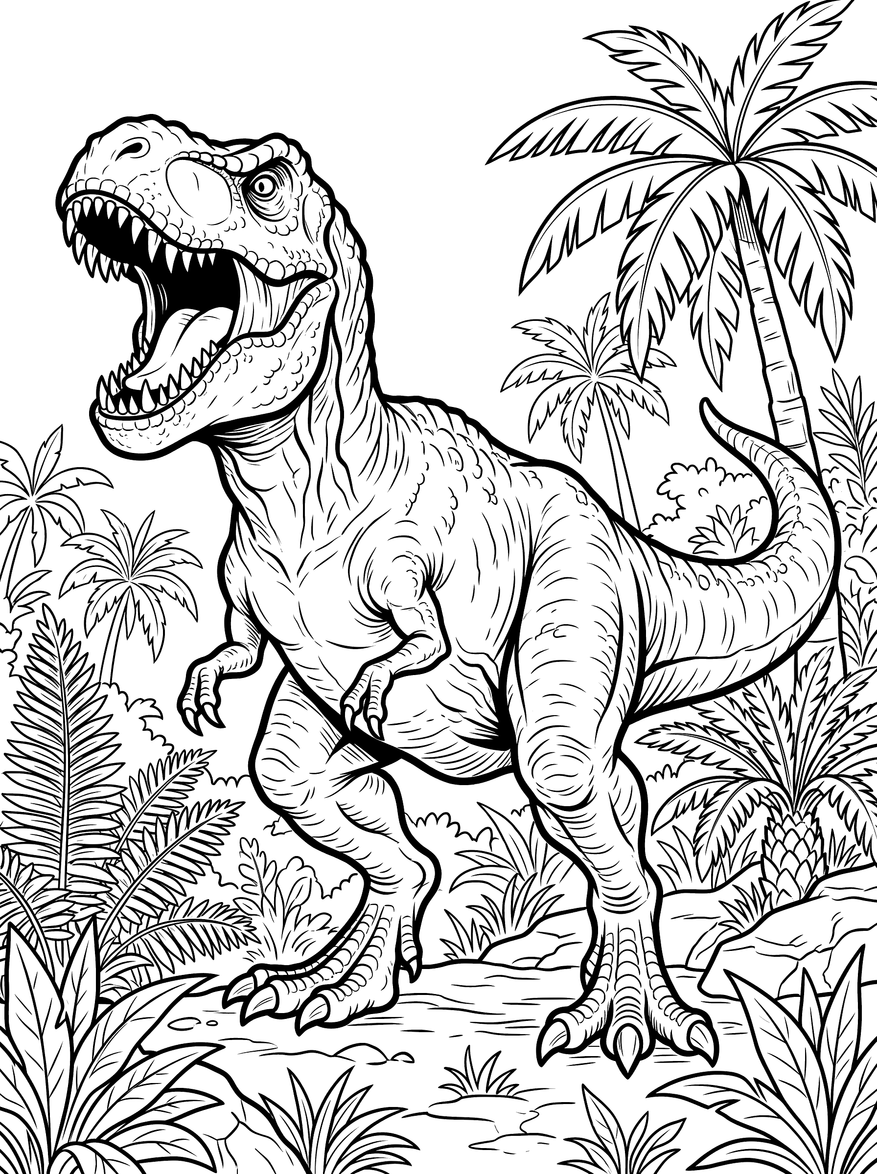 A large tyrannosaurus rex with its mouth wide open roaring, showing rows of teeth, with small arms, powerful legs, and a long tail, surrounded by prehistoric ferns and palm trees