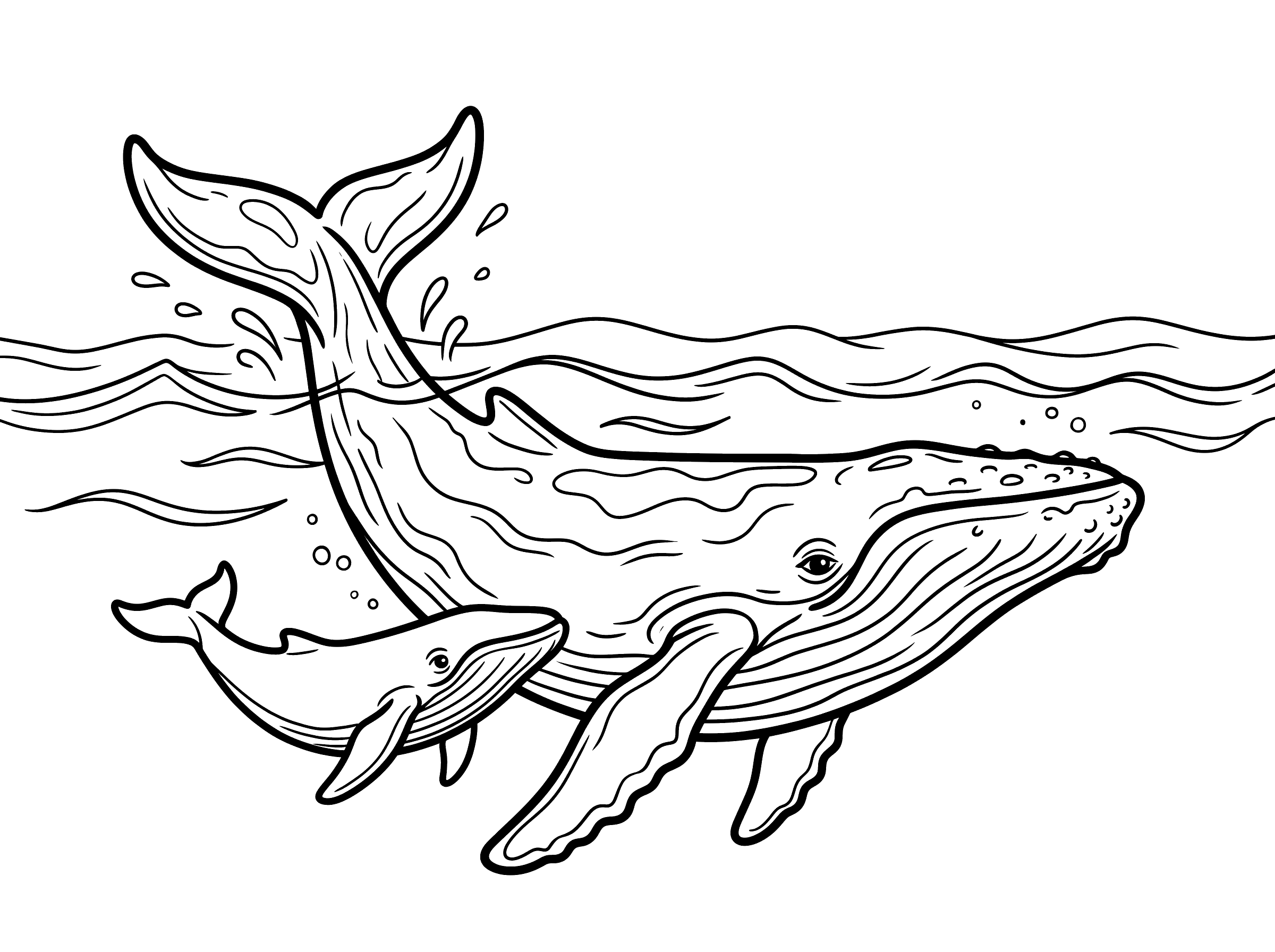 Coloring page of a large humpback whale with a small calf swimming beside it, the whale's tail fluke raised above the water surface, ocean waves at the top