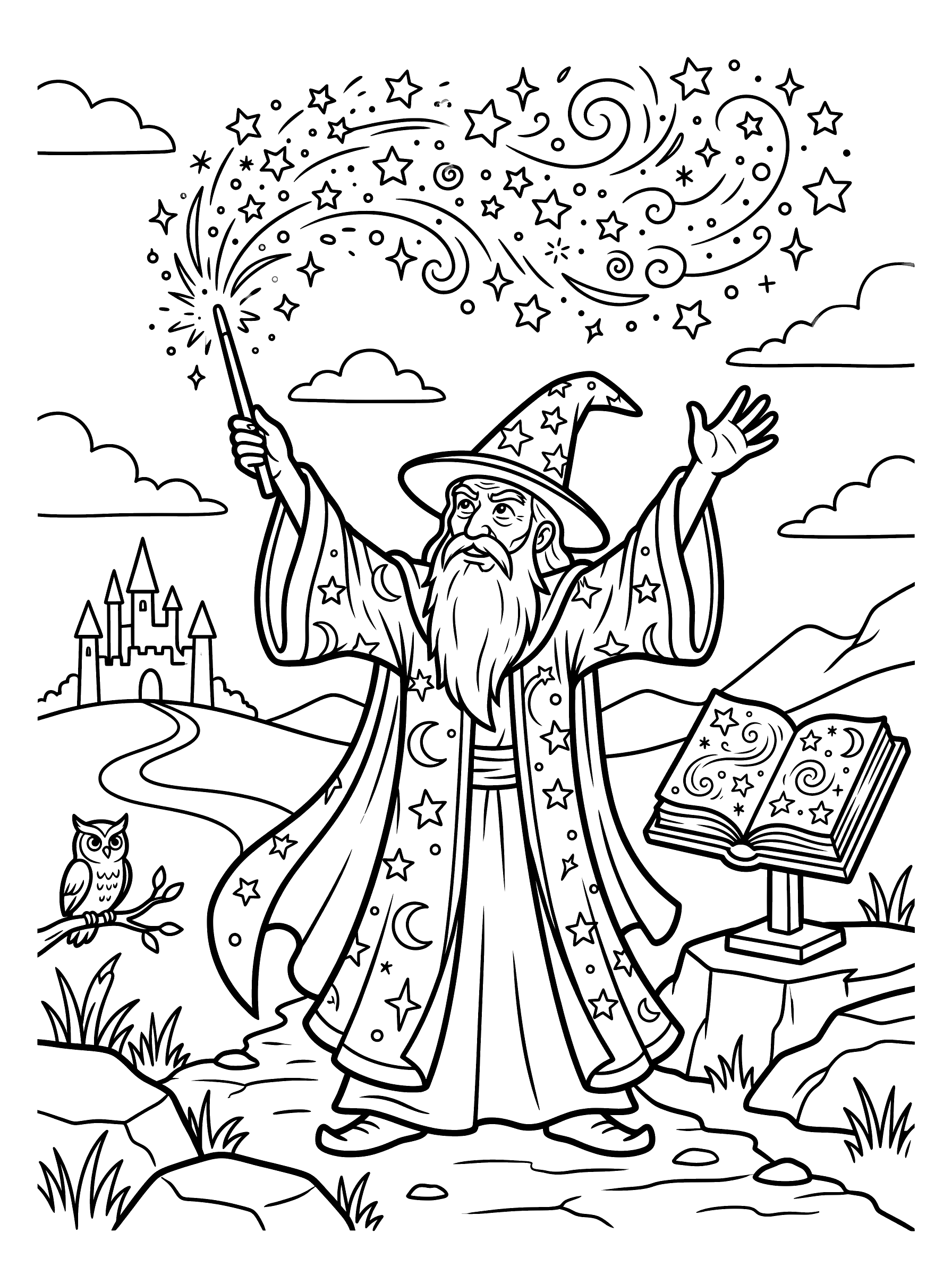 Coloring page of a bearded wizard in a star-and-moon patterned robe and pointed hat, arms raised with wand shooting swirling stars and sparkles, a spell book on a stand nearby and an owl perched on a branch