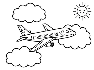 Coloring page of a commercial airplane with wings and engines flying among three fluffy clouds with a smiling sun in the corner