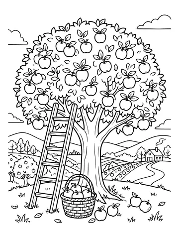 A large apple tree loaded with round apples and a wooden ladder leaning against its trunk, a wicker basket of apples on the ground, apples scattered on the grass, with rolling hills and a farmhouse in the background