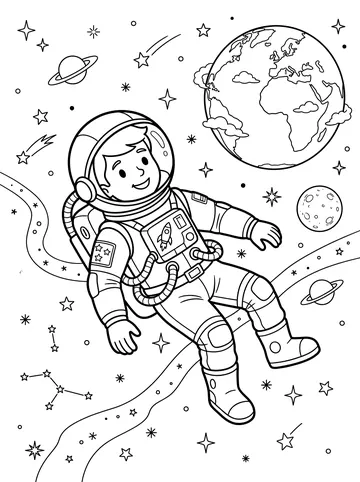 Coloring page of a smiling child astronaut in a spacesuit floating weightlessly in space, with Earth and its continents visible behind them, a ringed planet and a smaller moon visible among the stars