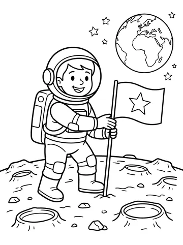 Coloring page of a smiling astronaut planting a flag with a star on the cratered moon surface, with Earth and stars in the sky