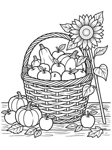 A large woven basket filled with apples and a yellow squash, with pumpkins, loose apples, and a tall sunflower beside it on a wooden surface