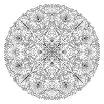 A circular mandala built from symmetrically arranged oak leaves, maple leaves, ginkgo fans, and acorns with fine botanical vein details filling every section
