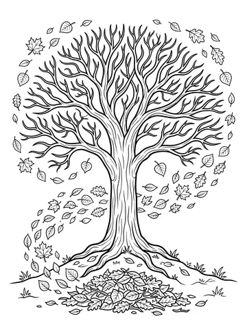 A large bare tree with wide-spreading branches and exposed roots, surrounded by dozens of falling autumn leaves of different shapes drifting down to a pile on the ground
