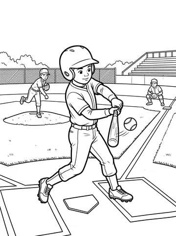 Coloring page of a child in a baseball uniform swinging a bat at a pitched ball at home plate, with a pitcher on the mound and a catcher behind the plate