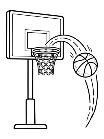 Coloring page of a basketball arcing through the air toward a hoop and backboard on a tall pole with motion trail lines