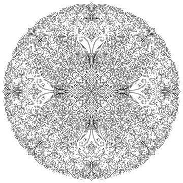 Circular butterfly mandala with four large detailed butterfly silhouettes radiating outward surrounded by intricate floral and paisley scrollwork filling the entire circle