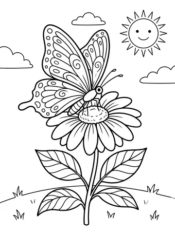 Coloring page of a large patterned butterfly with decorative wing markings perched on a tall daisy flower with stem and leaves, a smiling sun and clouds in a simple background