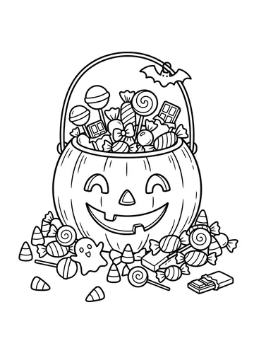 A jack-o-lantern shaped pail overflowing with lollipops, wrapped candies, and candy corn, with a small ghost candy and treats spilling onto the ground around it