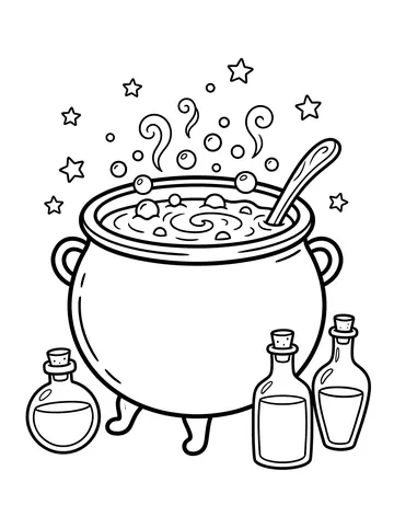 A round black cauldron on three legs with bubbles and swirling steam rising from it, a wooden spoon inside, surrounded by three potion bottles and stars