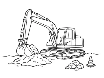 Coloring page of a tracked construction excavator scooping dirt with its bucket, with a pile of rocks and a traffic cone nearby