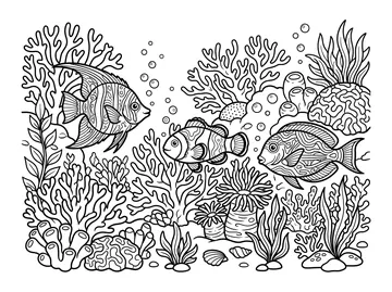 Coloring page of a coral reef scene with three tropical fish swimming among branching and rounded corals, sea anemone, seaweed, sponges and bubbles on the ocean floor