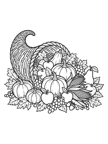 A woven horn-shaped cornucopia spilling out pumpkins, apples, grapes, corn, pears, and autumn leaves in a large harvest arrangement