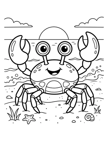 Coloring page of a cheerful crab on a sandy beach with large raised claws, eyes on stalks, a wave in the background, a starfish and shell on the sand