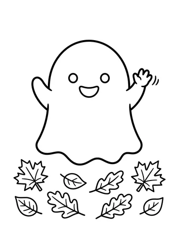 A round friendly ghost with circle eyes and a smile, one arm raised in a wave, floating above scattered autumn leaves of different shapes